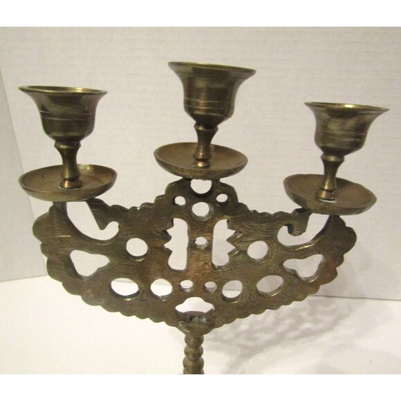 Antique Brass Judea Sabbath Double Dragon 3 Candle Candelabra Solid Brass Etched - Picture 4 of 7